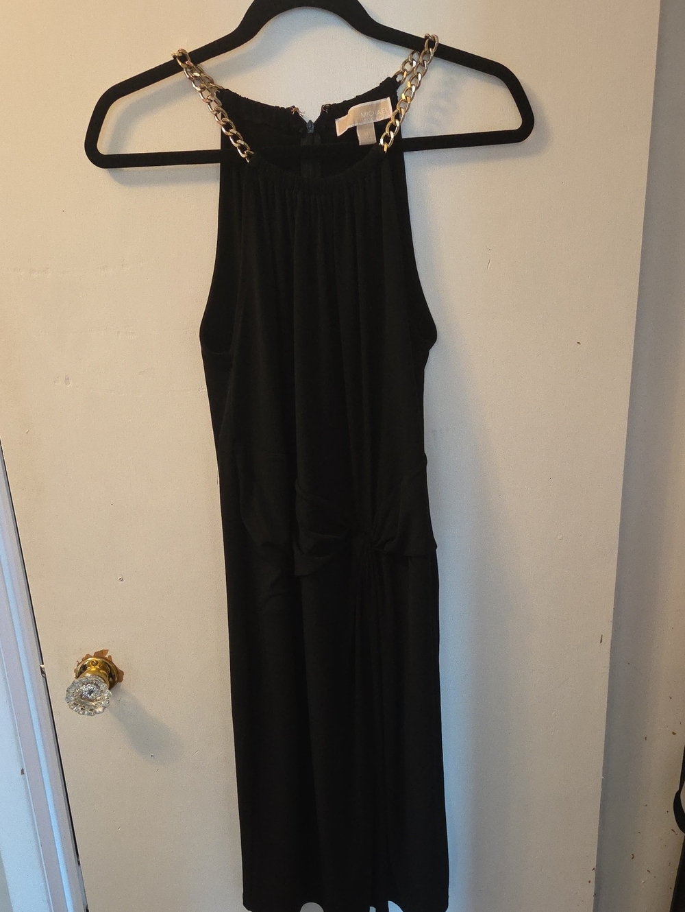 Michael Kors Black Halter Dress With Gold Chain Accents